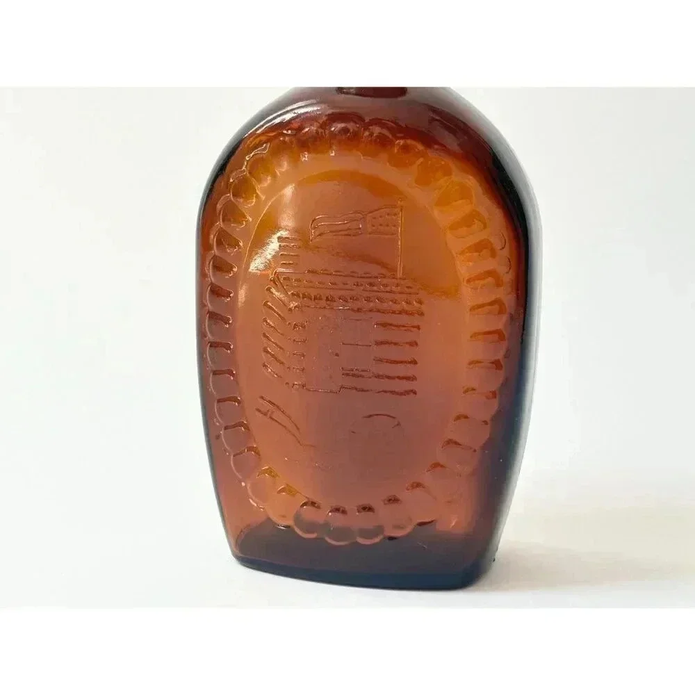 Vintage Dark Browl Glass Log Cabin Syrup Bicentennial Glass Container with Top
